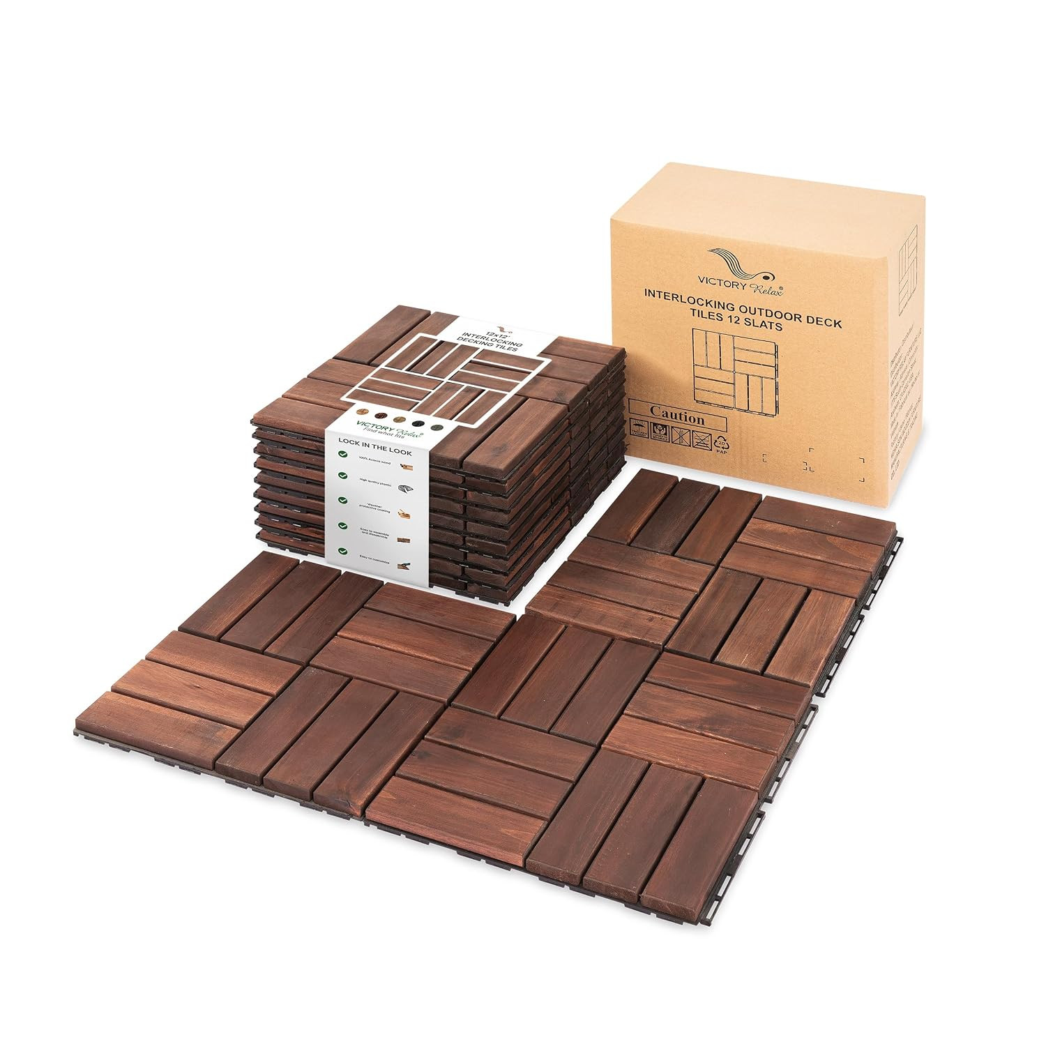 Natural Acacia 12X12 Interlocking Wood Deck Tiles for Balcony, Garden, Patio, Po