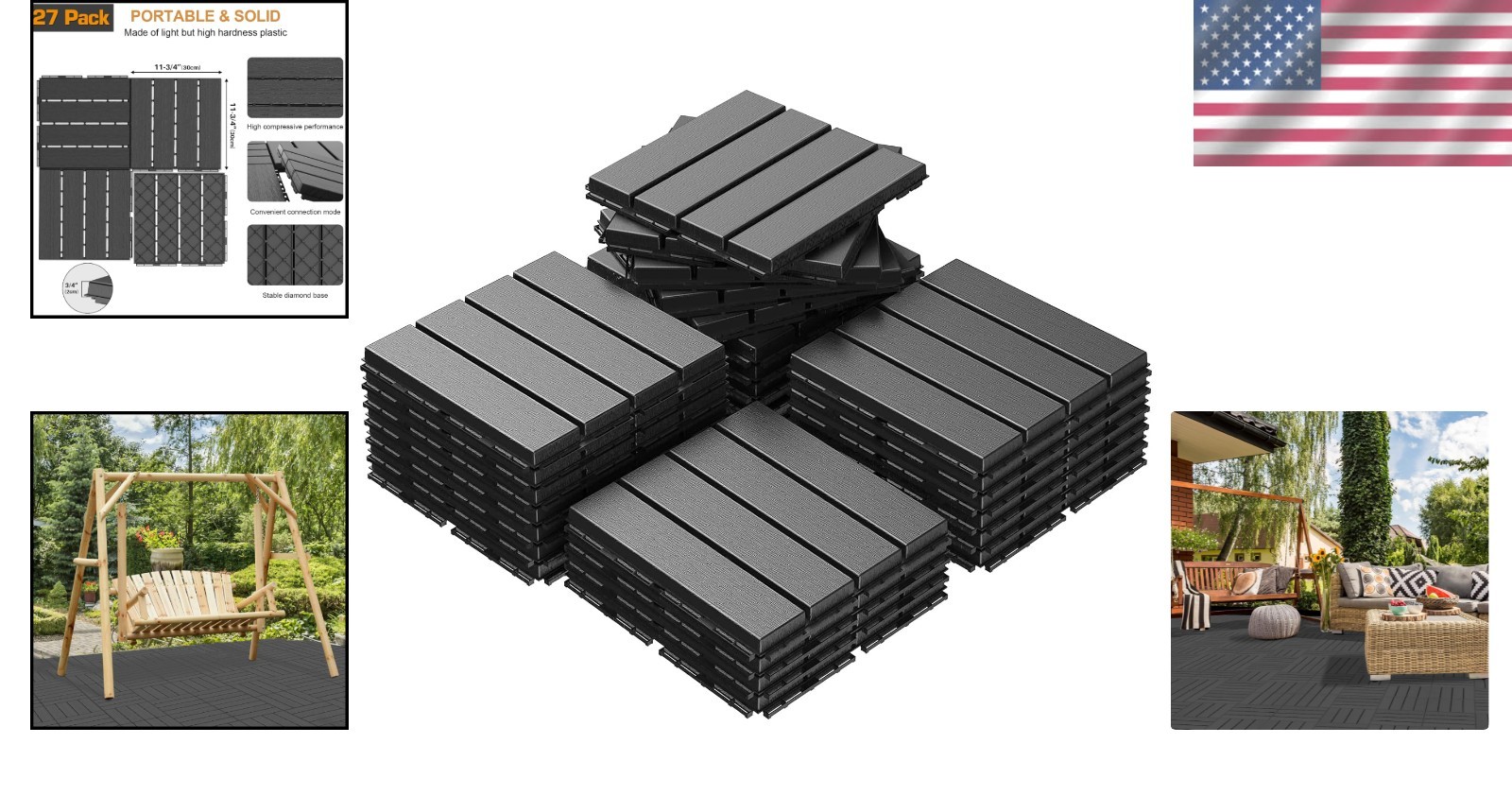 Plastic Interlocking Deck Tiles Waterproof Patio Balcony Flooring 27pcs 12×12