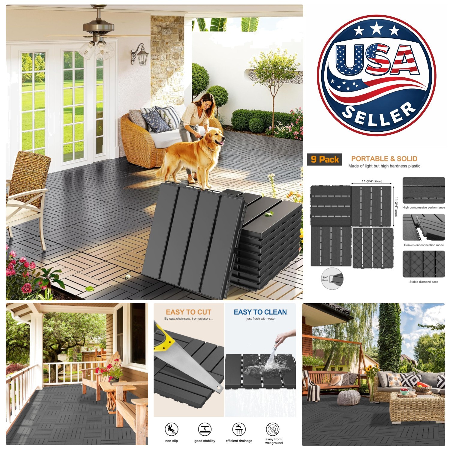 Interlocking Waterproof Deck Tiles, 9 Pack, 12″x12″ Outdoor Flooring, Dark Gray