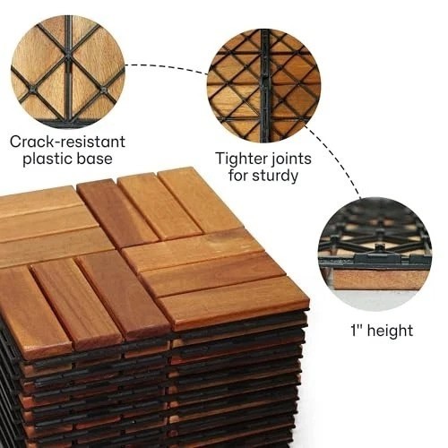 Interlocking Deck Tiles 10 Pack 12×12 Acacia Wood Indoor Outdoor Flooring for