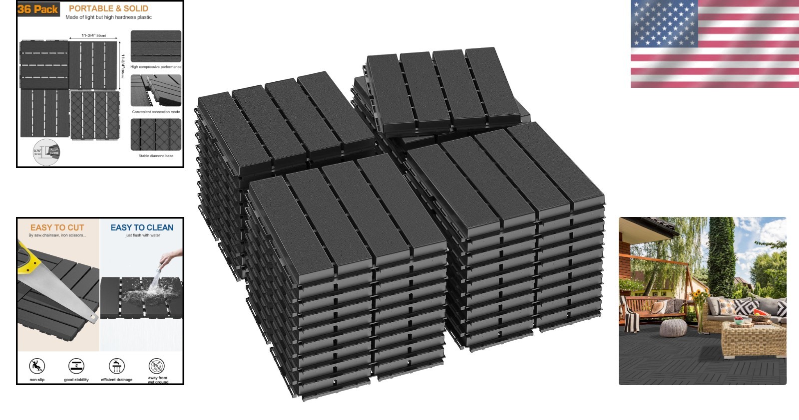 Plastic Interlocking Deck Tiles 36 Pack Waterproof Outdoor Flooring 12×12 Inches