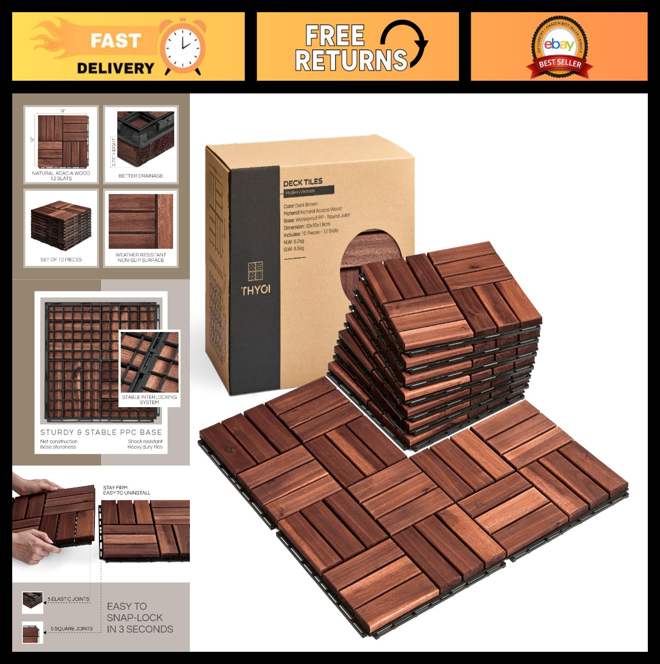Interlocking Deck Tiles – 10 Pcs Waterproof Acacia Wood Patio Flooring, 12″x12