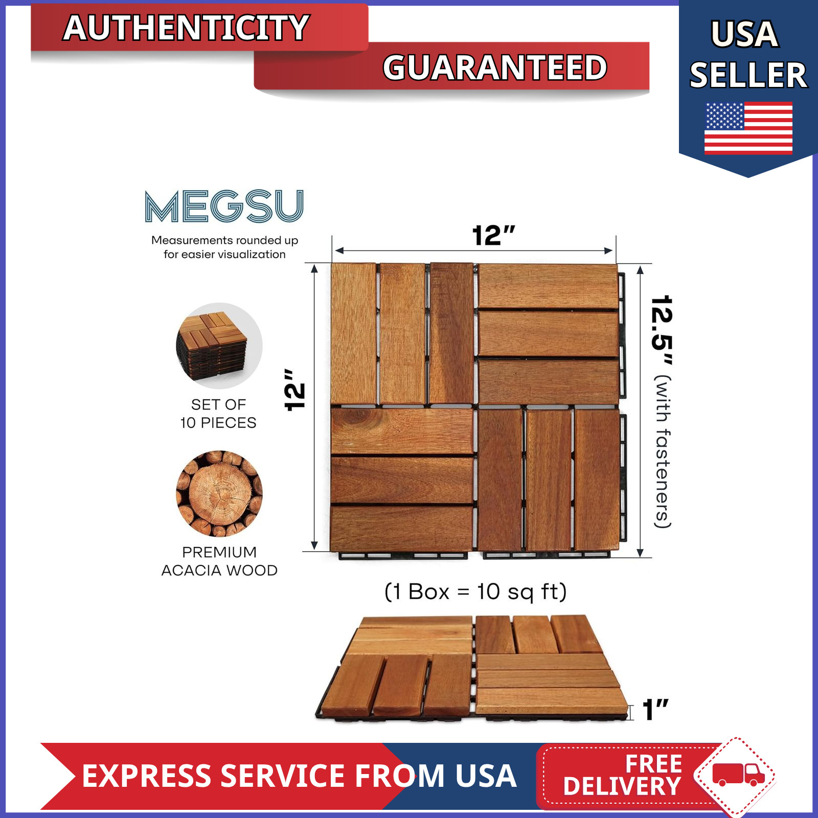 12×12 Wood Interlocking Deck Tiles Outdoor Patio Balcony Flooring 10PCS