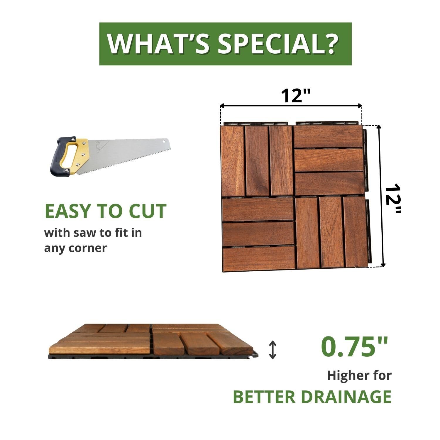 BEEFURNI Acacia Interlocking Deck Tiles (12″x 12″ Pack of 10), Acacia Wood Deck