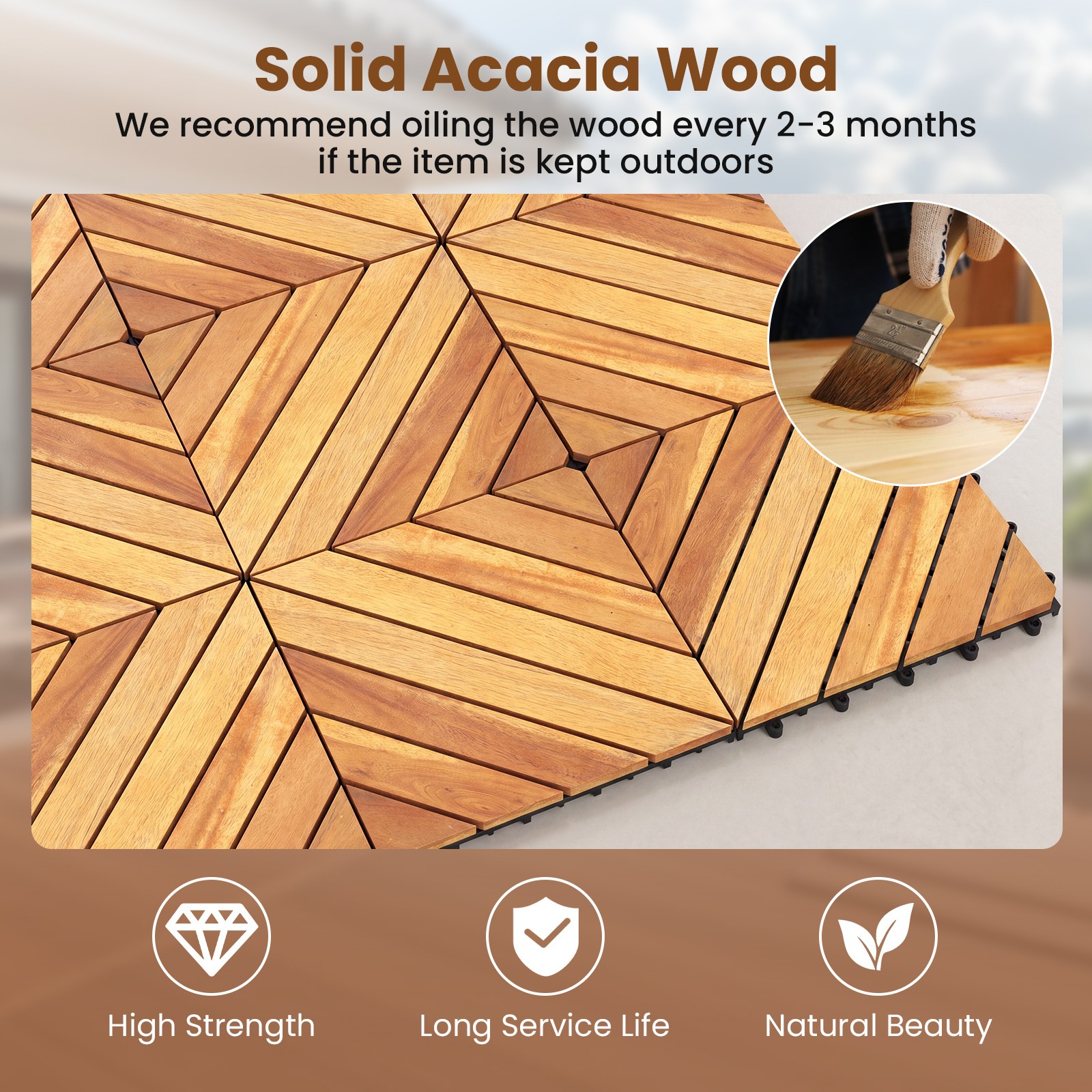 12″ x 12″ Acacia Wood Interlocking Deck Tiles,48 PCS Waterproof Flooring Tiles