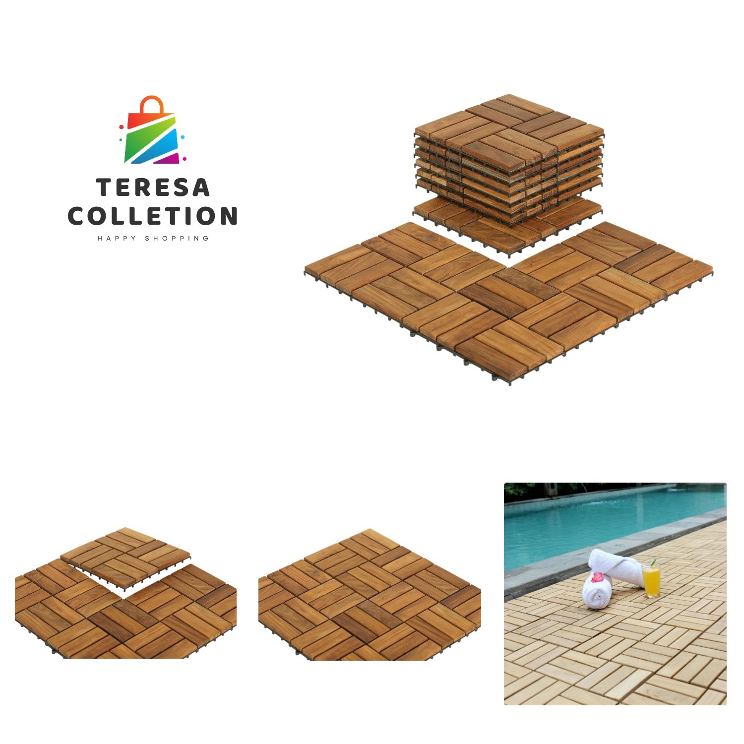 Solid Teak Interlocking Flooring Pack of 10 – 12″x12″, Indoor/Outdoor