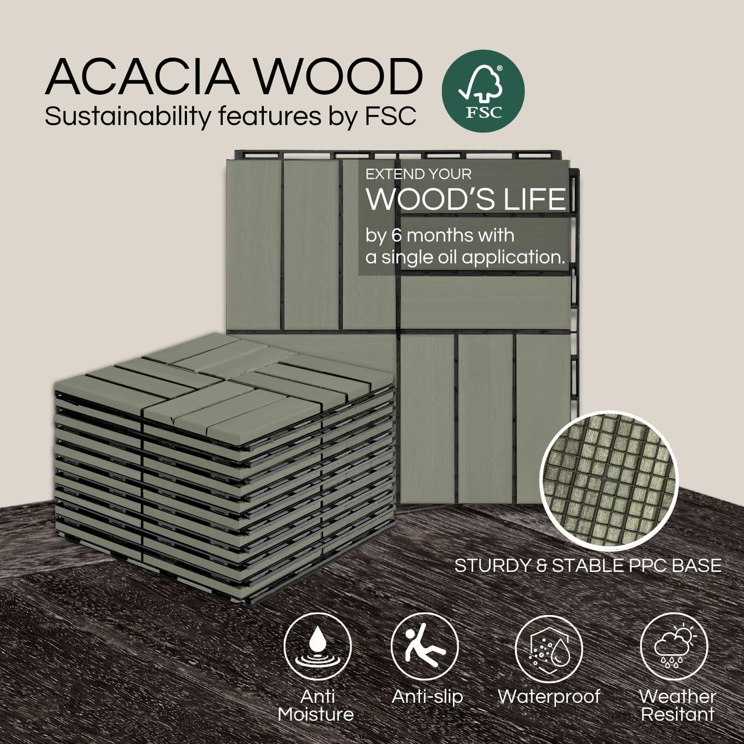 , Patio Flooring – Outdoor Waterproof Acacia Wood Tiles for All Weather Use -…