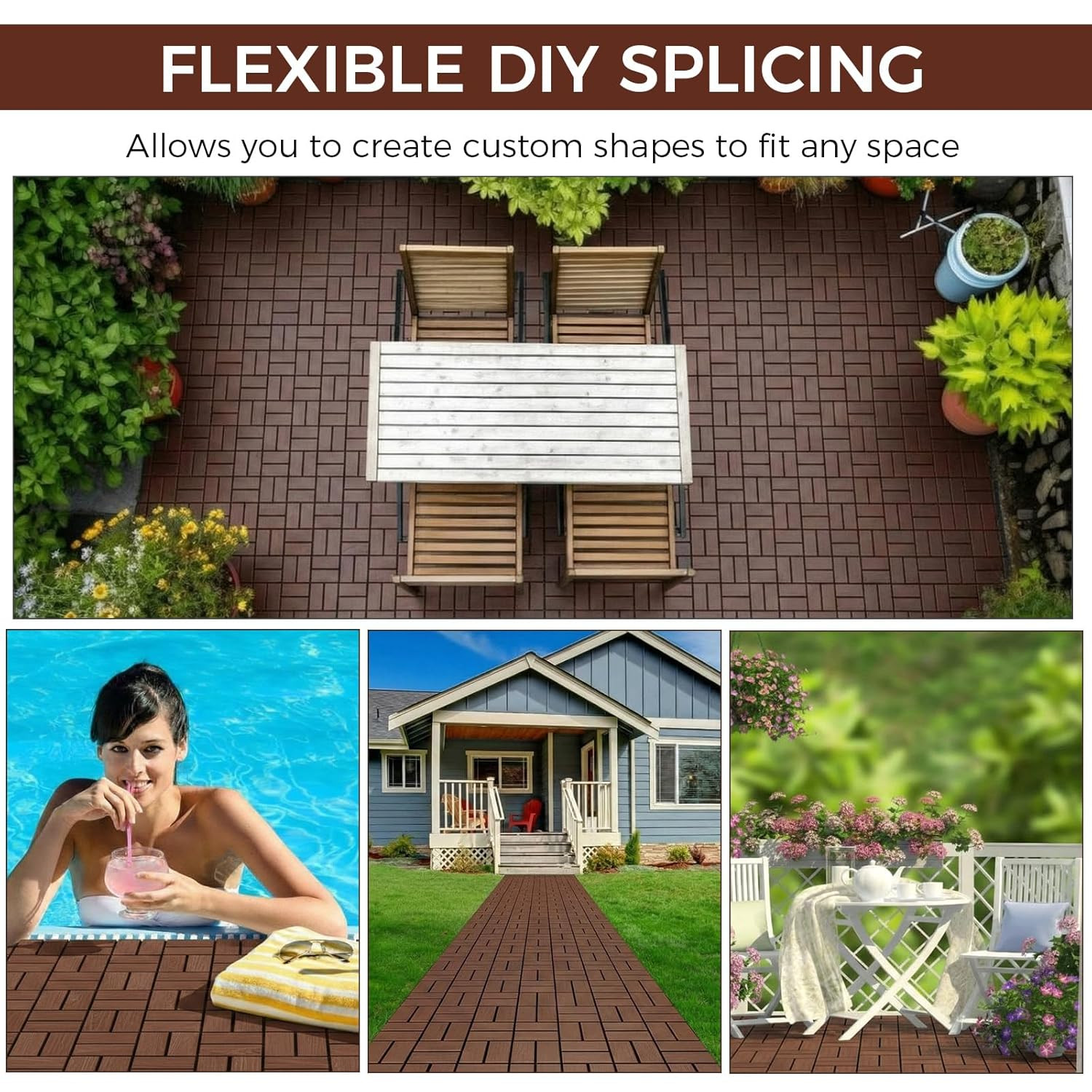 44 Pack Waterproof Interlocking Deck Tiles for Patio, Garden & Poolside – Brown