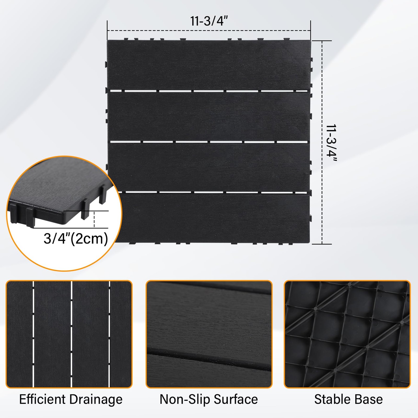 44PCS Plastic Interlocking Decking Tiles 12″ x 12″, Dark Grey
