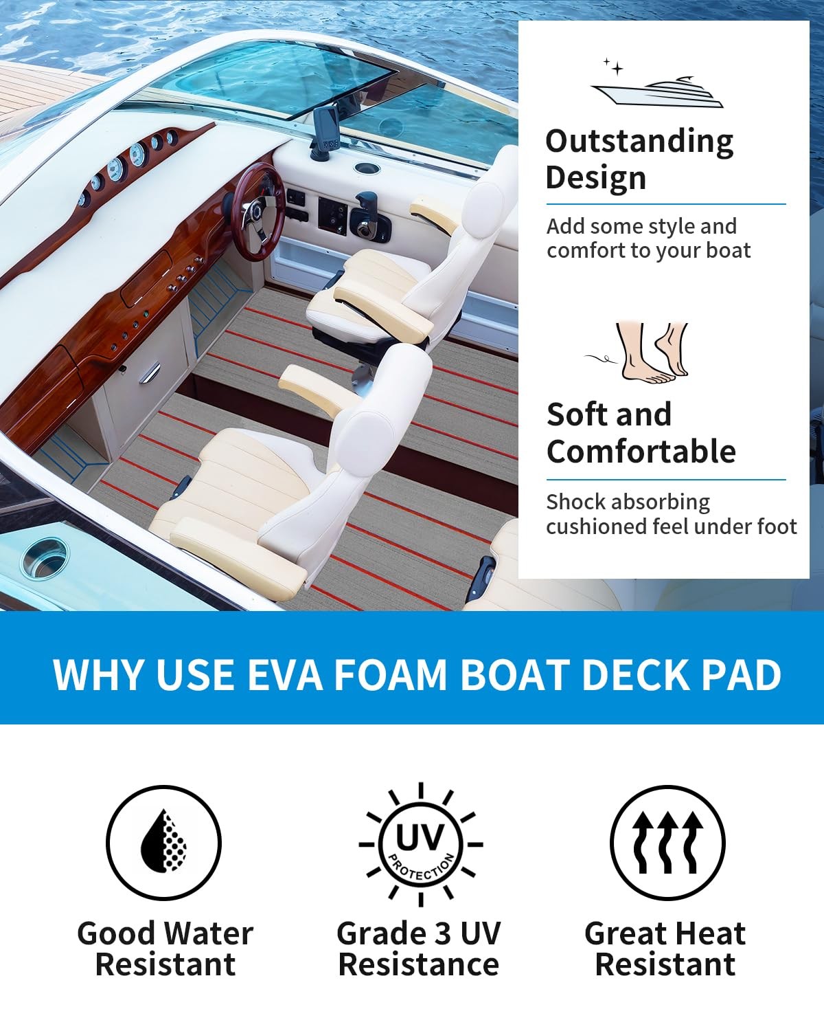 Boat Flooring Self-Adhesive 96”x45.6” Gray with Red Lines