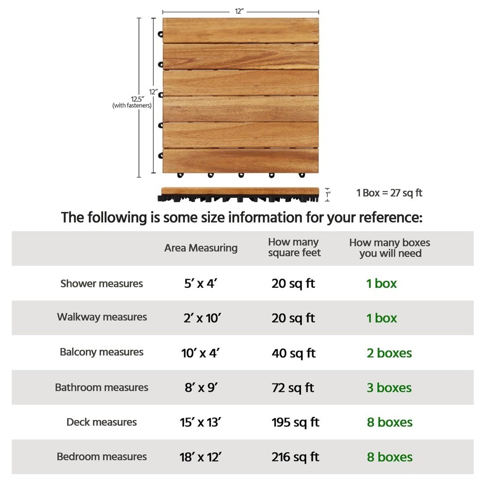 108PCS Deck Tiles Acacia Wood Interlocking Outdoor Flooring for Patio Balcony