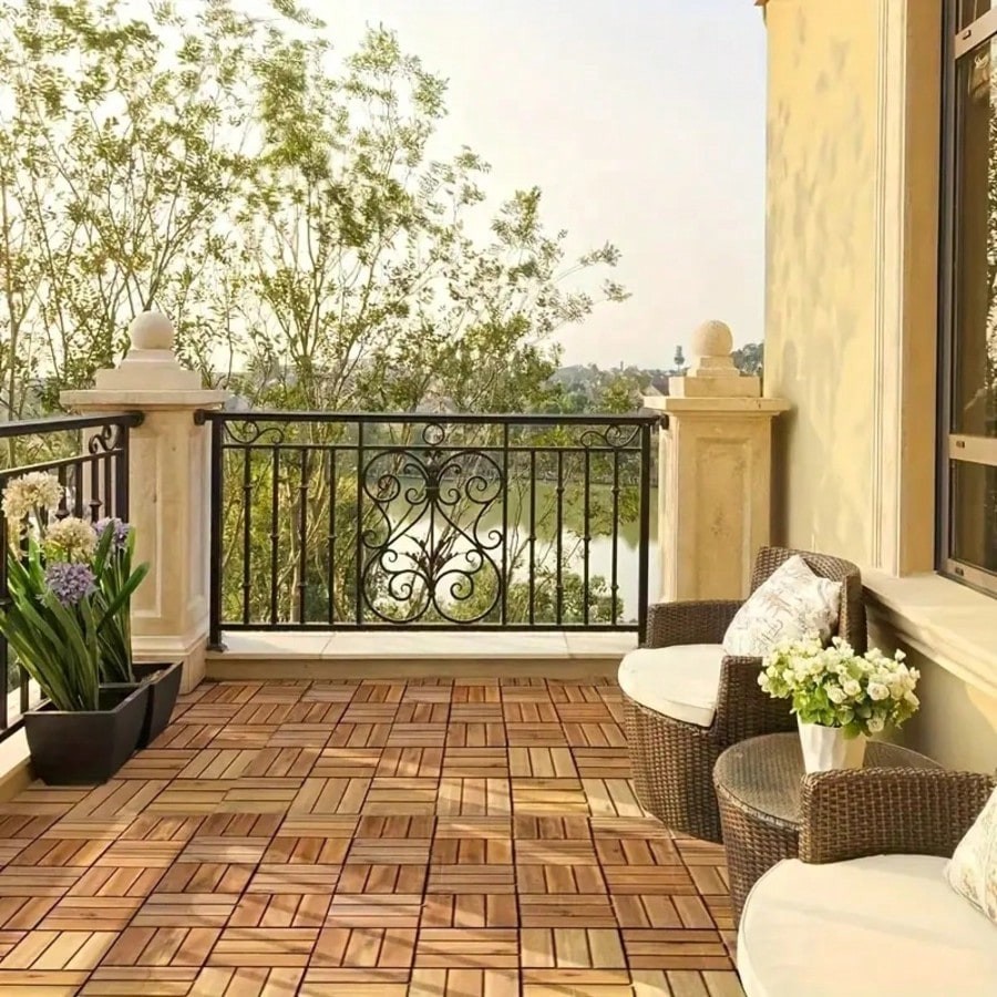 10 Pcs Solid Acacia Wood Interlocking Deck Tiles 12×12 Patio Floor All Weather