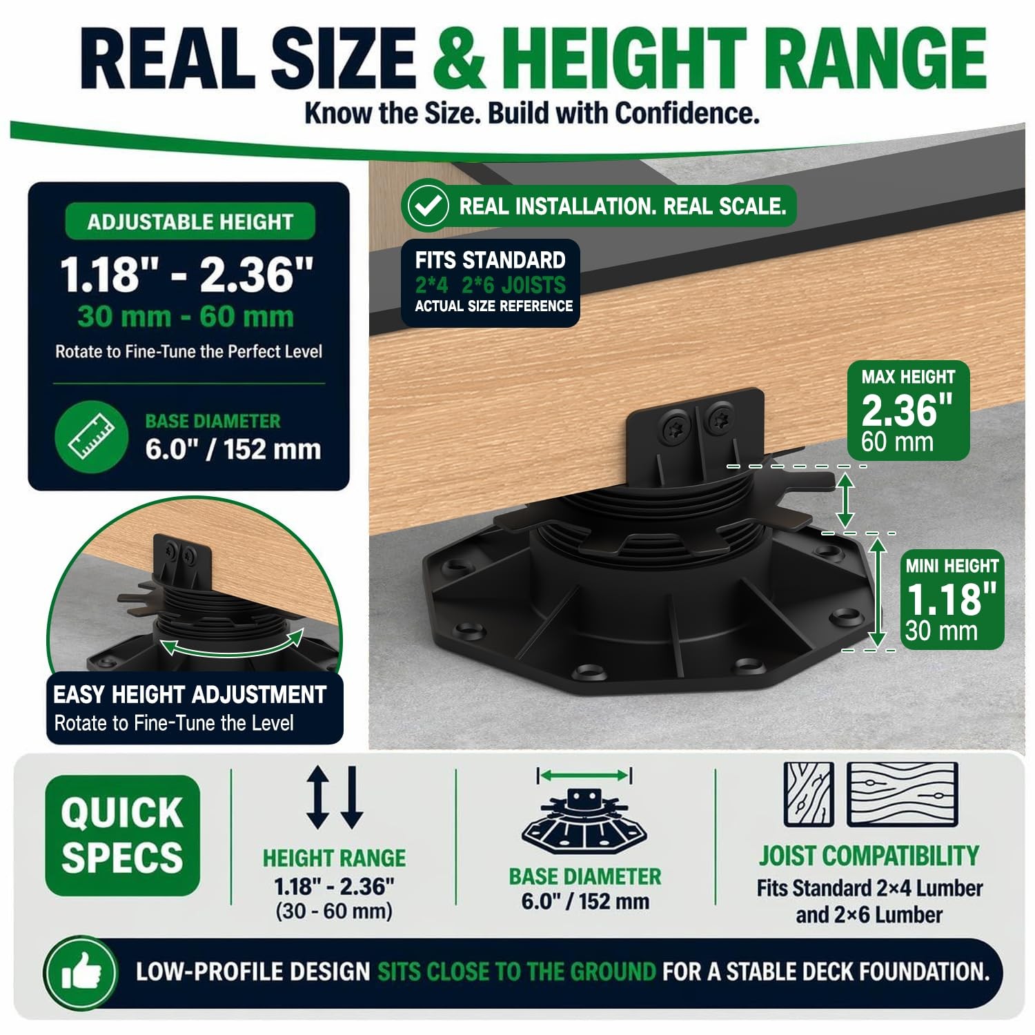 Deckit 24-Pack Adjustable Deck Support Pedestals, 1.18″–2.36″ (30–60 mm), for…