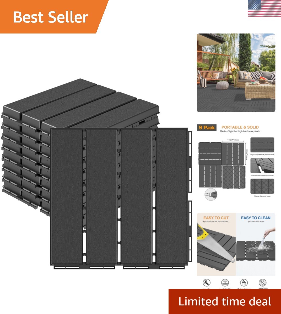 Lightweight 12″x12″ Interlocking Deck Tiles, 9 Pack – Perfect Outdoor Flooring