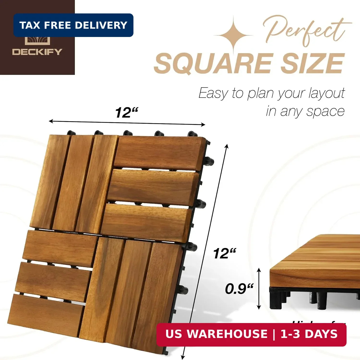 Acacia Wood Interlocking Patio Deck Tiles, 12 x 12 x 0.9 Inch Outdoor Flooring,