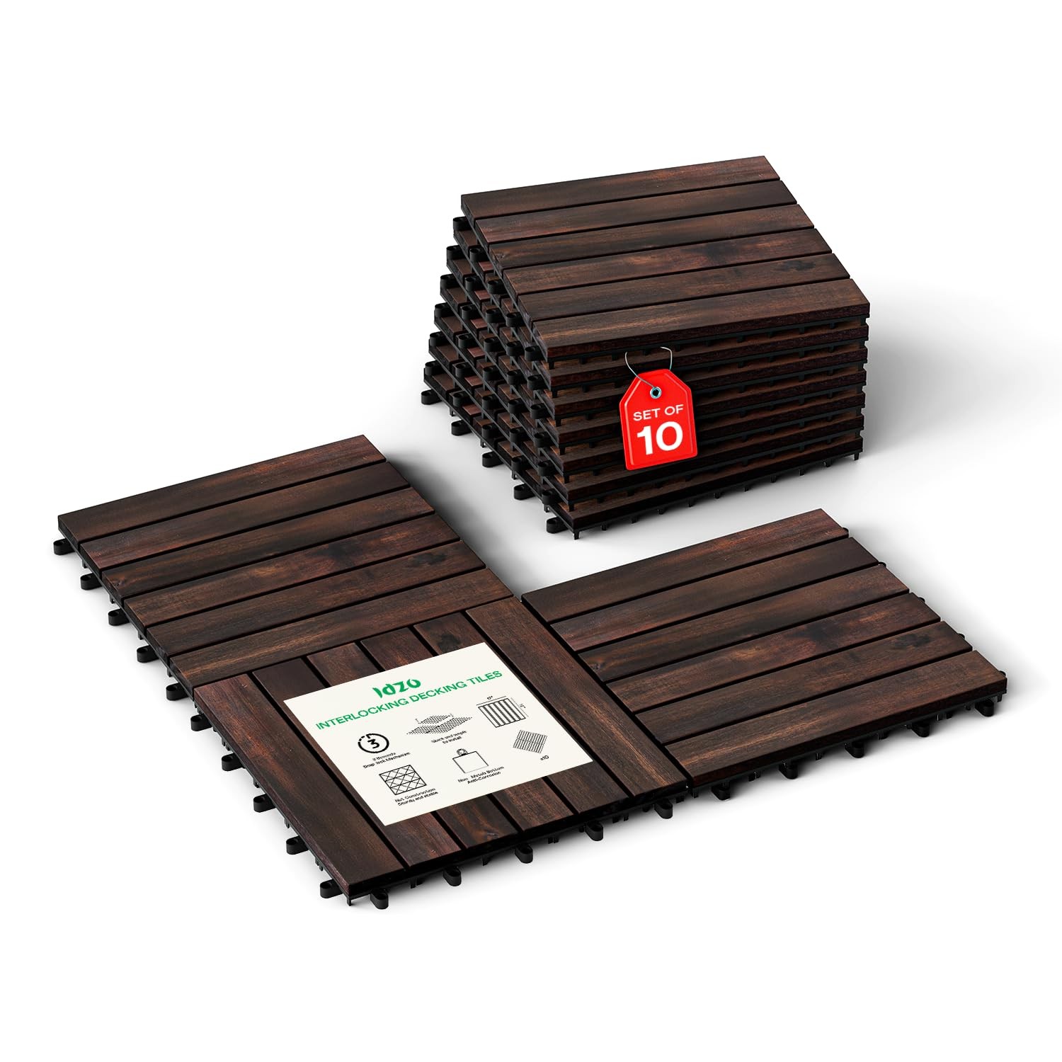 Pack of 10 Deck Tiles – Waterproof Acacia Wood for Outdoor Flooring, Interlockin