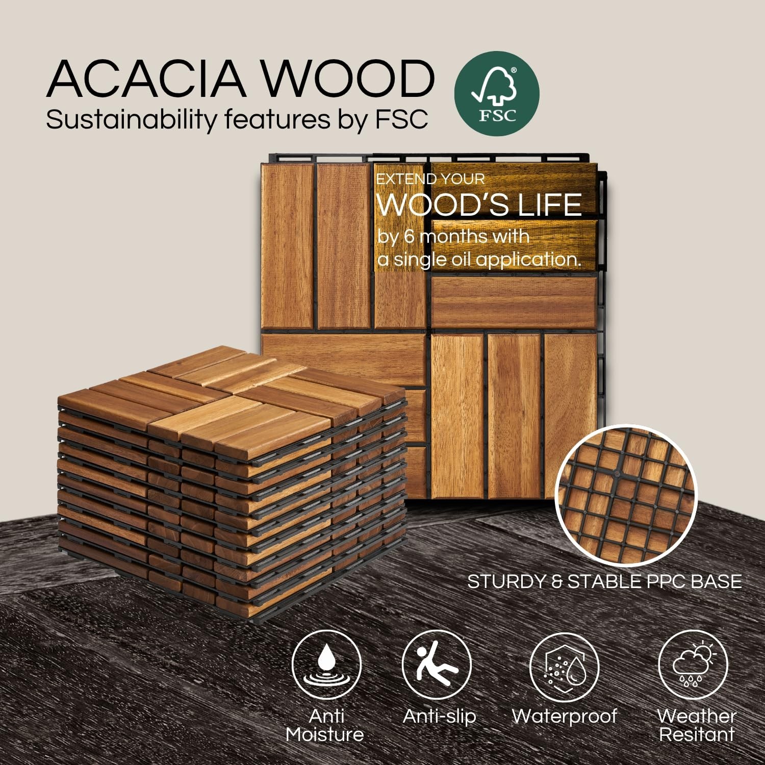 Crossed Pattern Interlocking Deck Tiles – 12”x12” Waterproof Acacia Wood Set