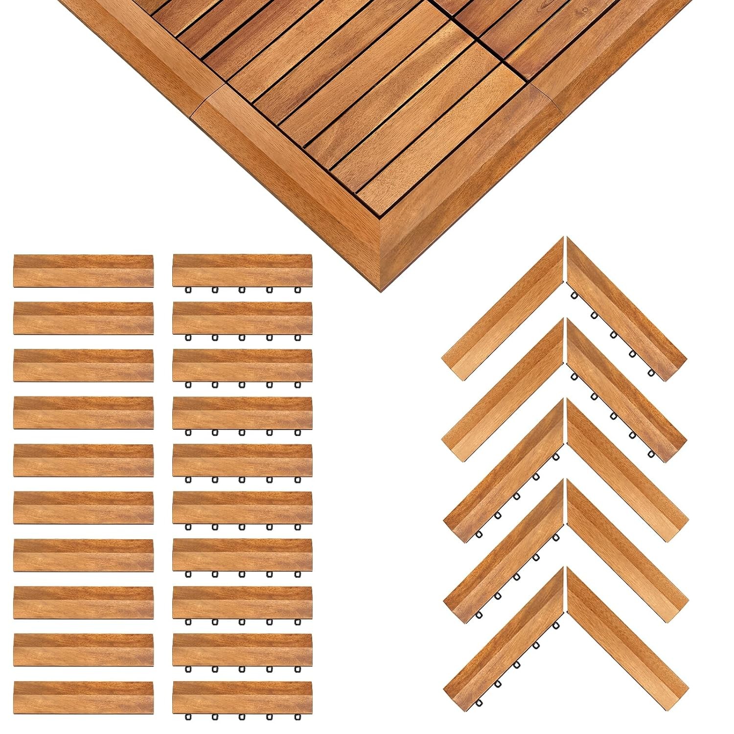 Solid Acacia Wood Edge Trim Set Interlocking Deck Tiles 20 PCS Border Trim