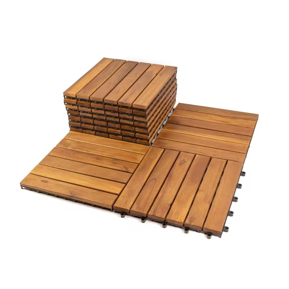 12 In. X 12 In. Acacia Wood Interlocking Flooring Deck Tile Brown 6-Slats, 10-Pa