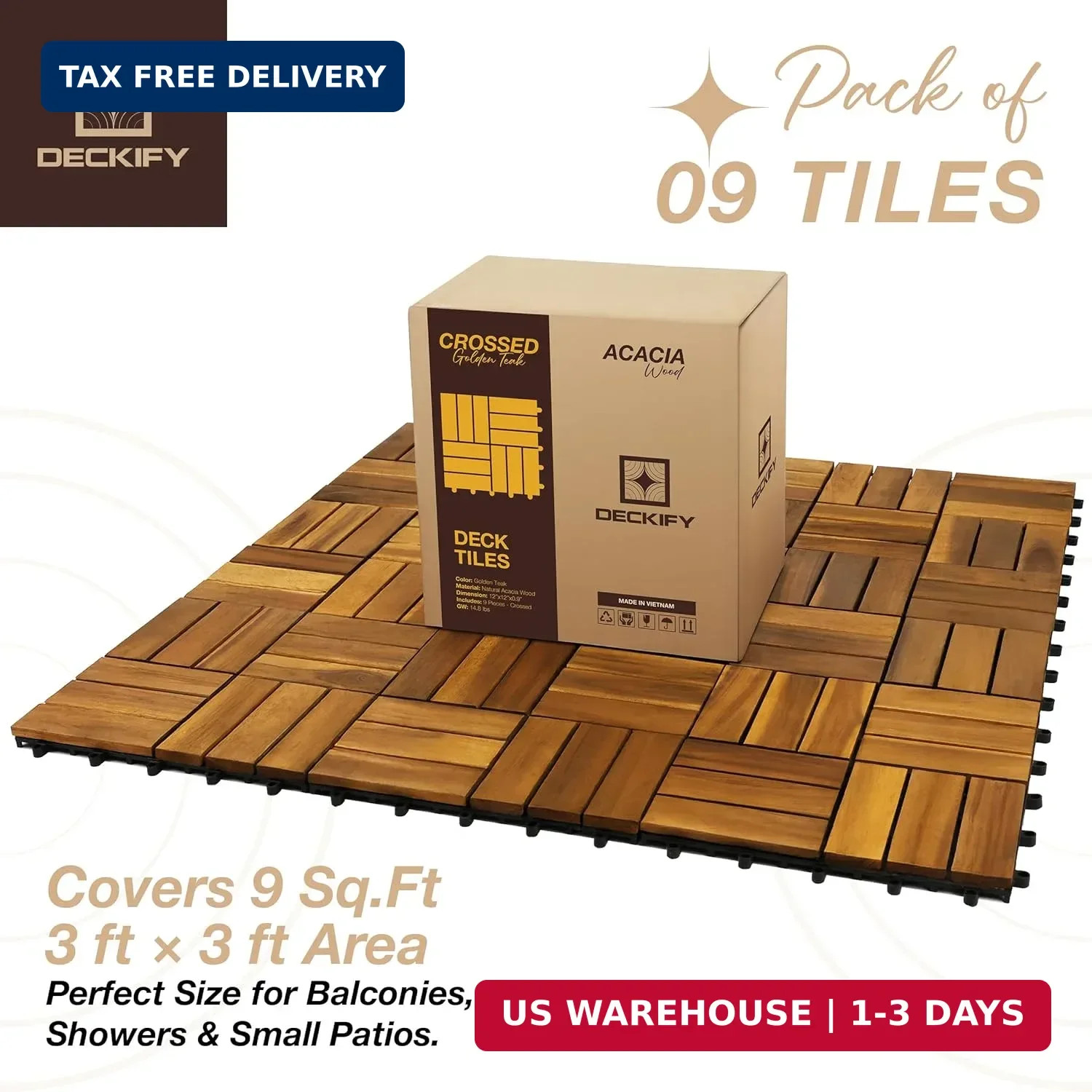 Acacia Wood Interlocking Patio Deck Tiles, 12 x 12 x 0.9 Inch Outdoor Flooring,
