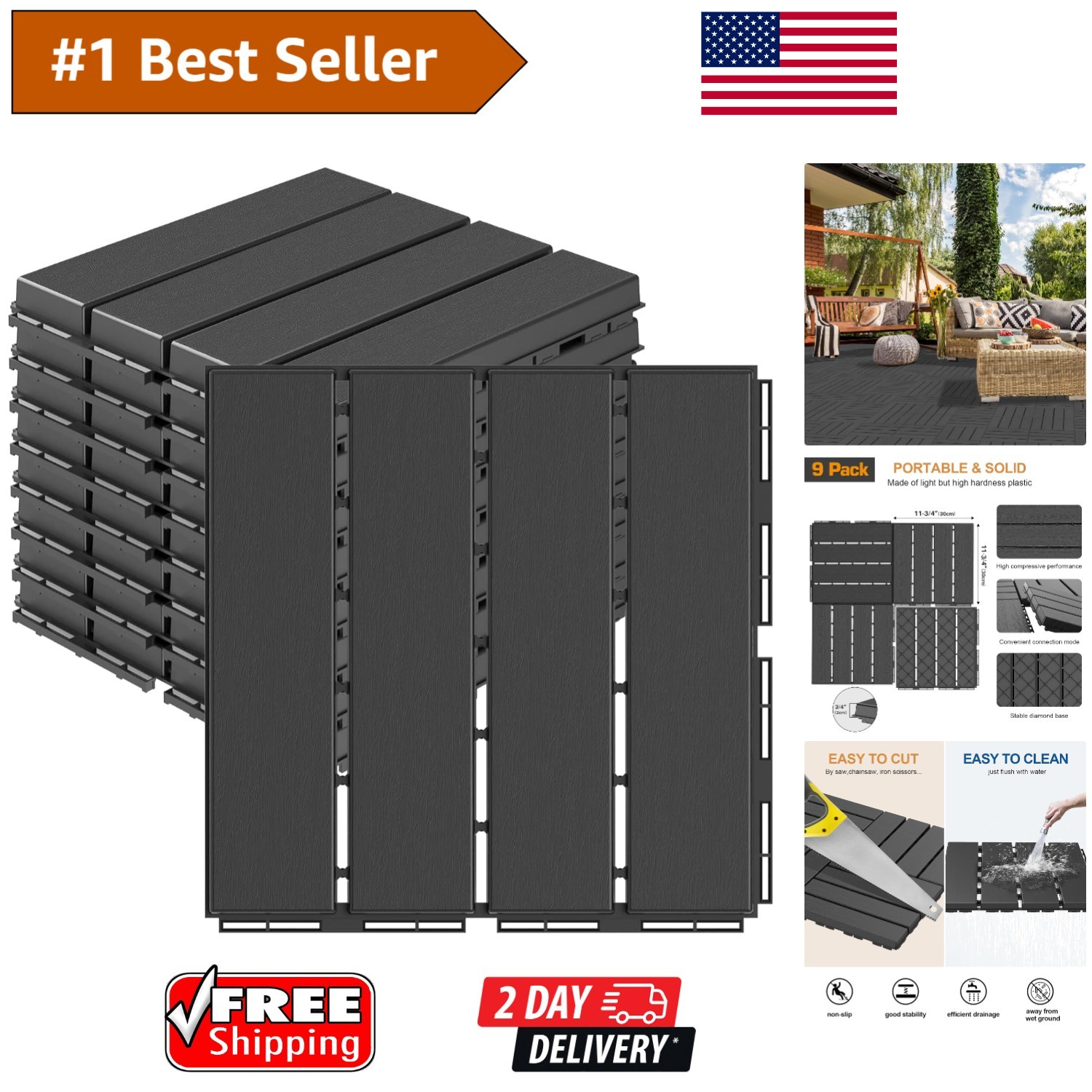 9 Pack 12”x12” Waterproof Interlocking Outdoor Deck Tiles – All Weather