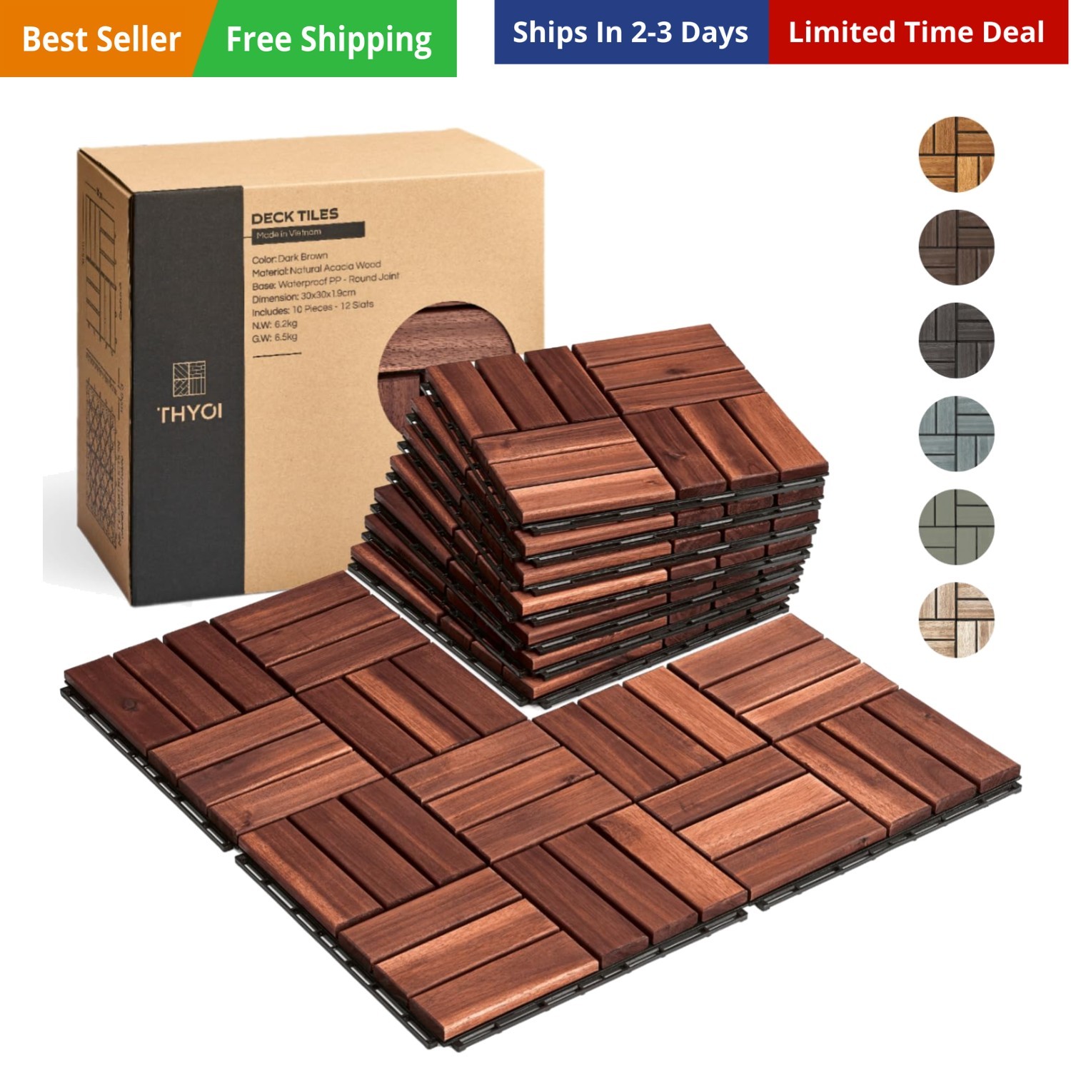 , Patio Flooring – Set 10 Pcs 12”x12”x0.9” Interlocking , Waterproof Acacia W…