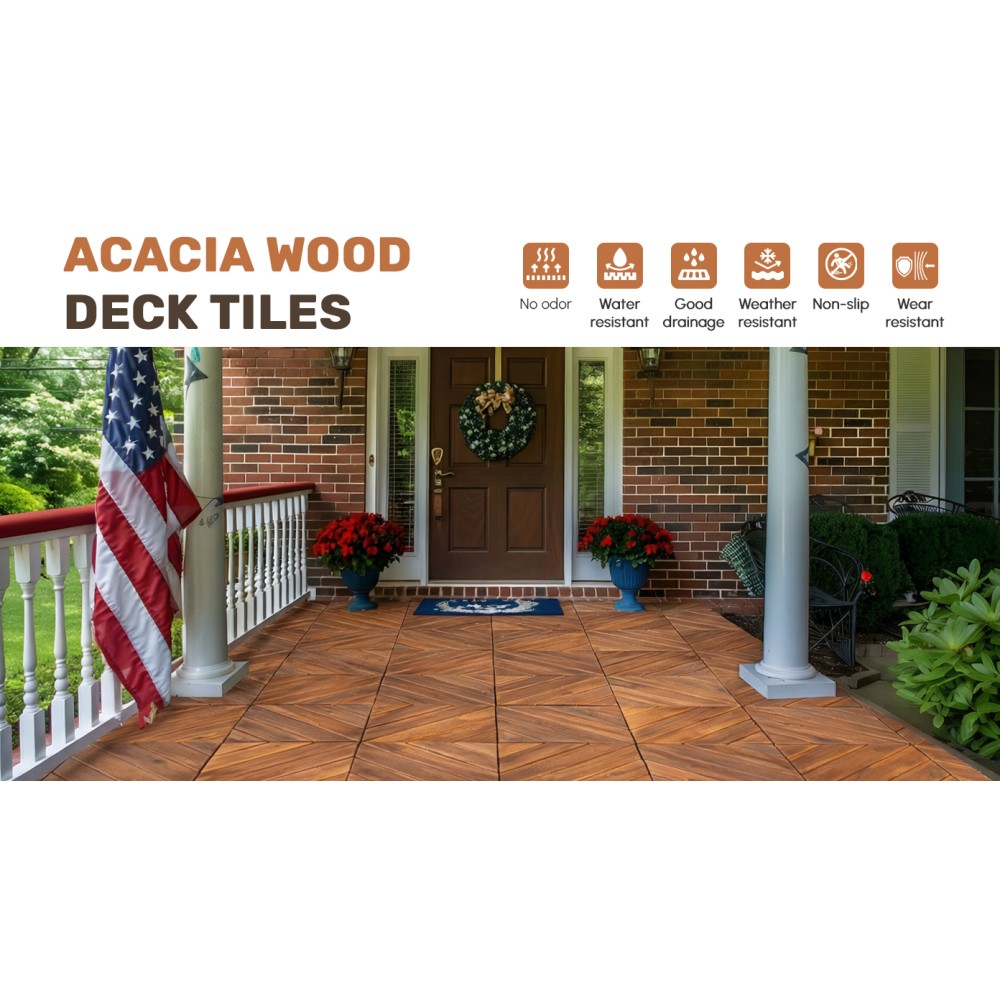 Interlocking Deck Tiles Diagonal Pattern, 12″ x 12″ Acacia Wood Tiles For Patio