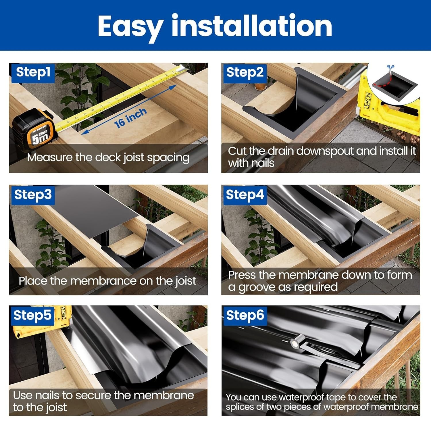 1PCS 50FT Black Under Deck Drainage System Trough HDPE Waterproofing Membrane