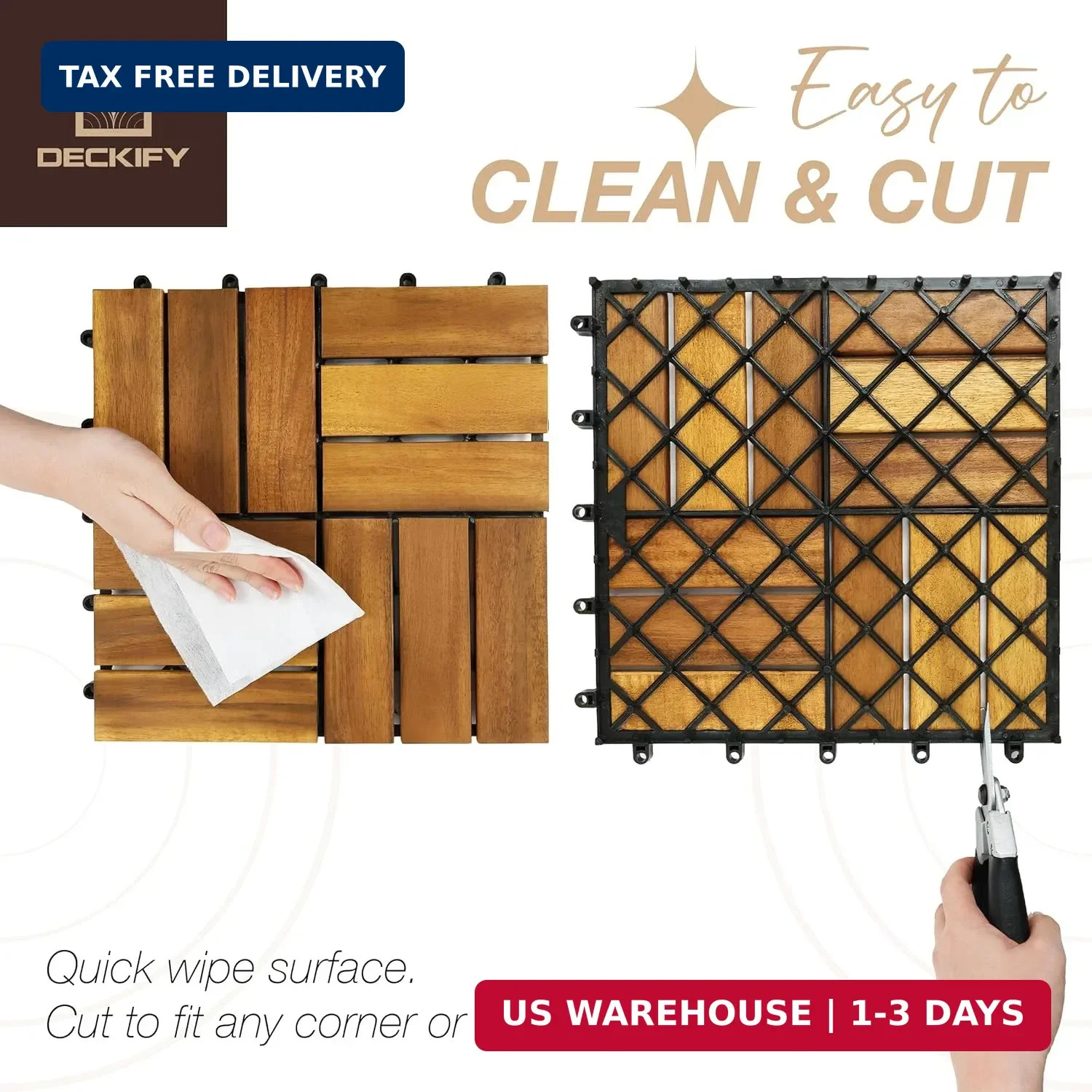 Acacia Wood Interlocking Patio Deck Tiles, 12 x 12 x 0.9 Inch Outdoor Flooring,