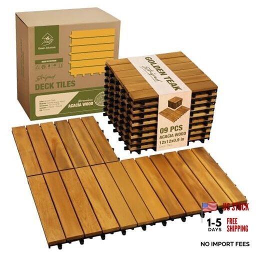Premium Acacia Wood Interlocking Deck Tiles, 9 PCS Golden Teak – Striped