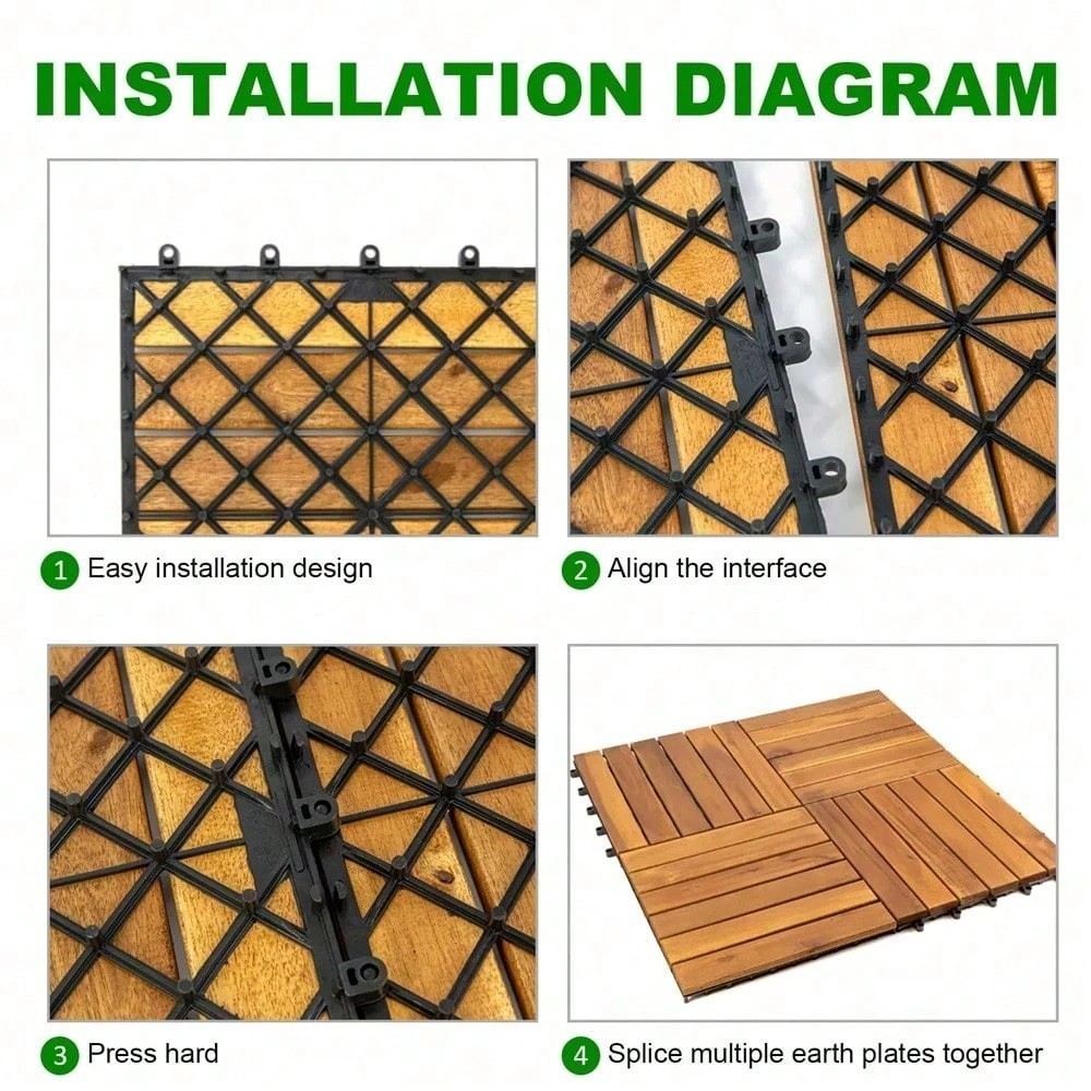 10 Pack Interlocking Deck Tiles Acacia Wood Artificial Grass Patio 12″x12″
