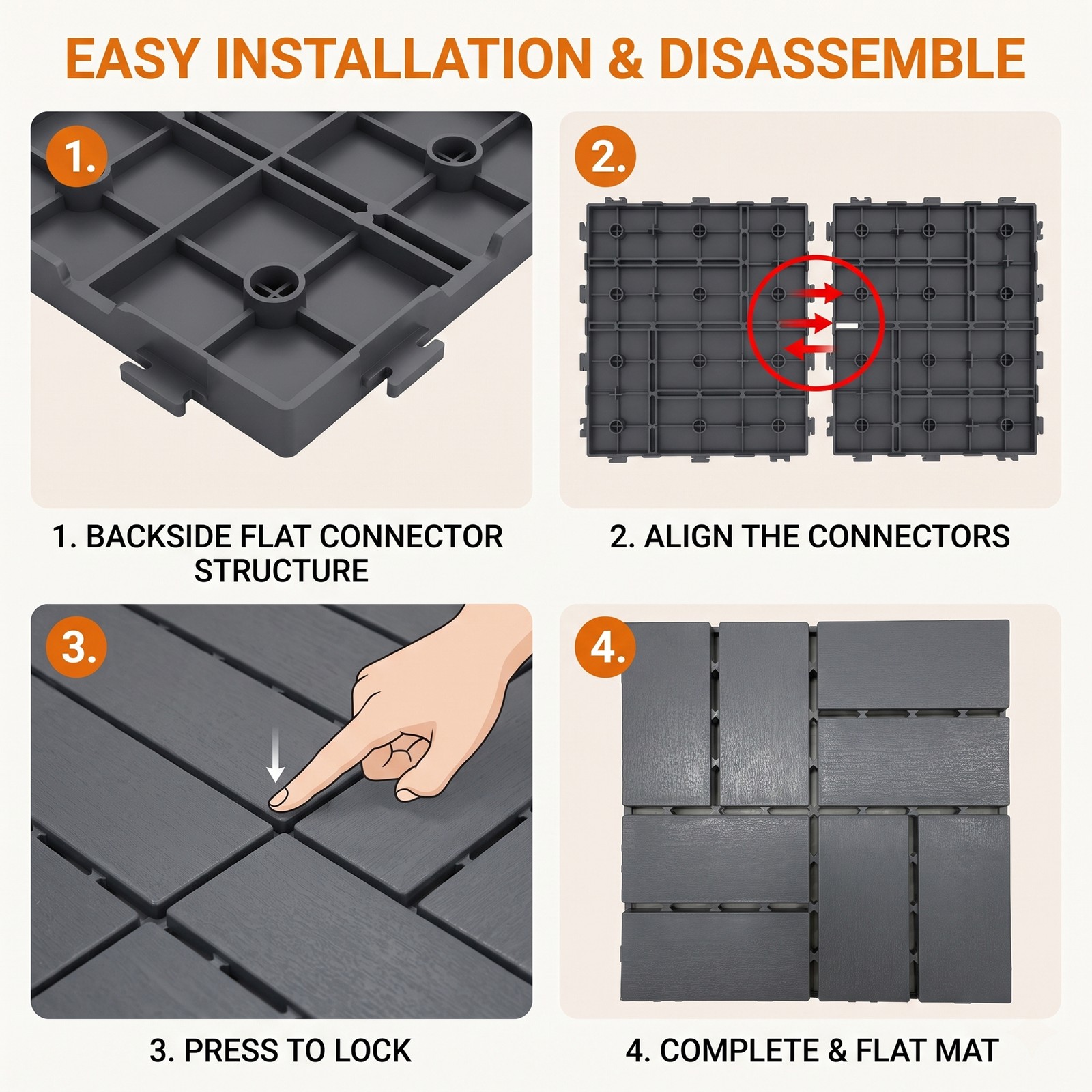 44-Pack 12x12in HD PP Deck Tiles, Waterproof Snap-Together Patio Flooring