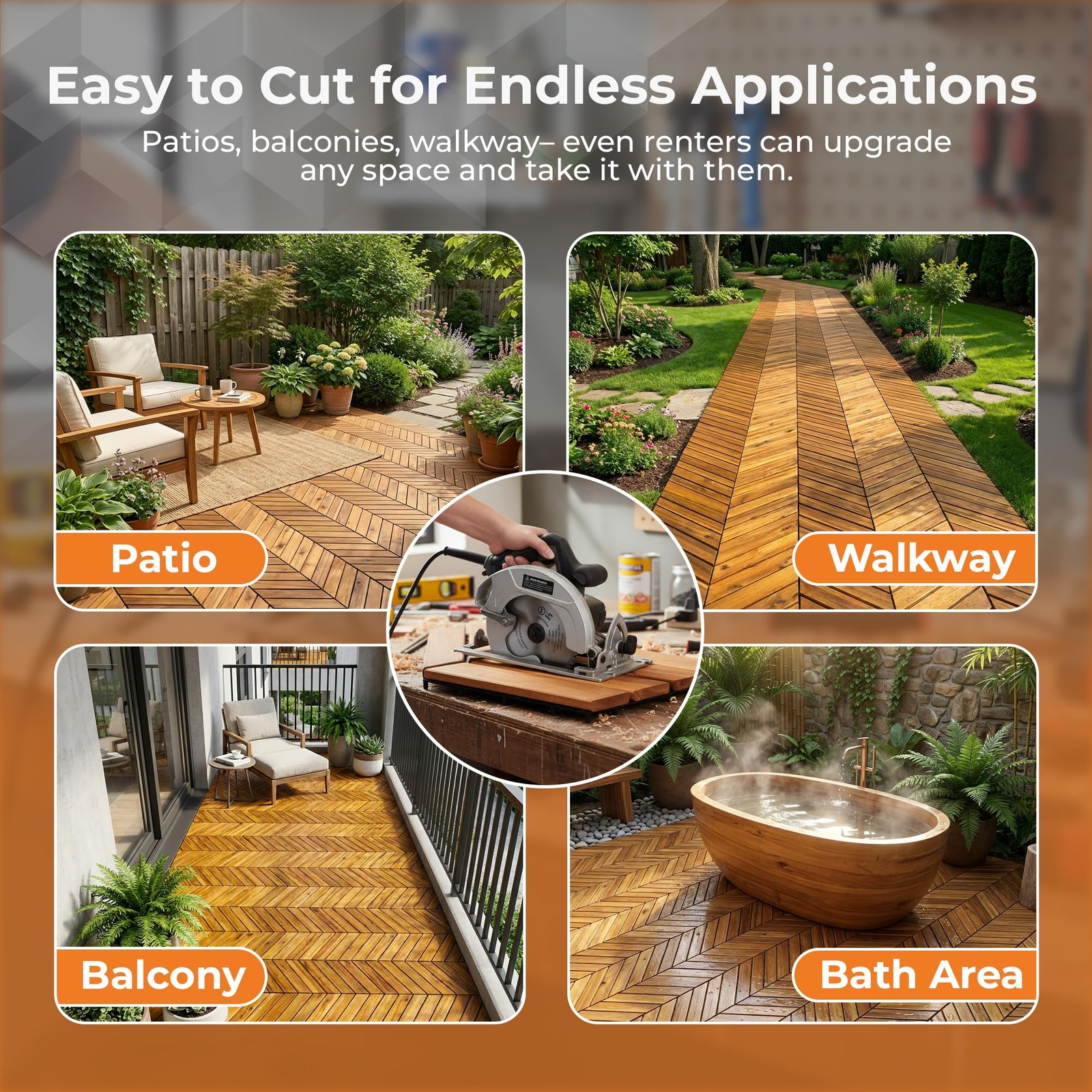 Majestick Goods Interlocking Deck Tiles 12″x8″ Herringbone 6 Sq Ft Acacia Wo…