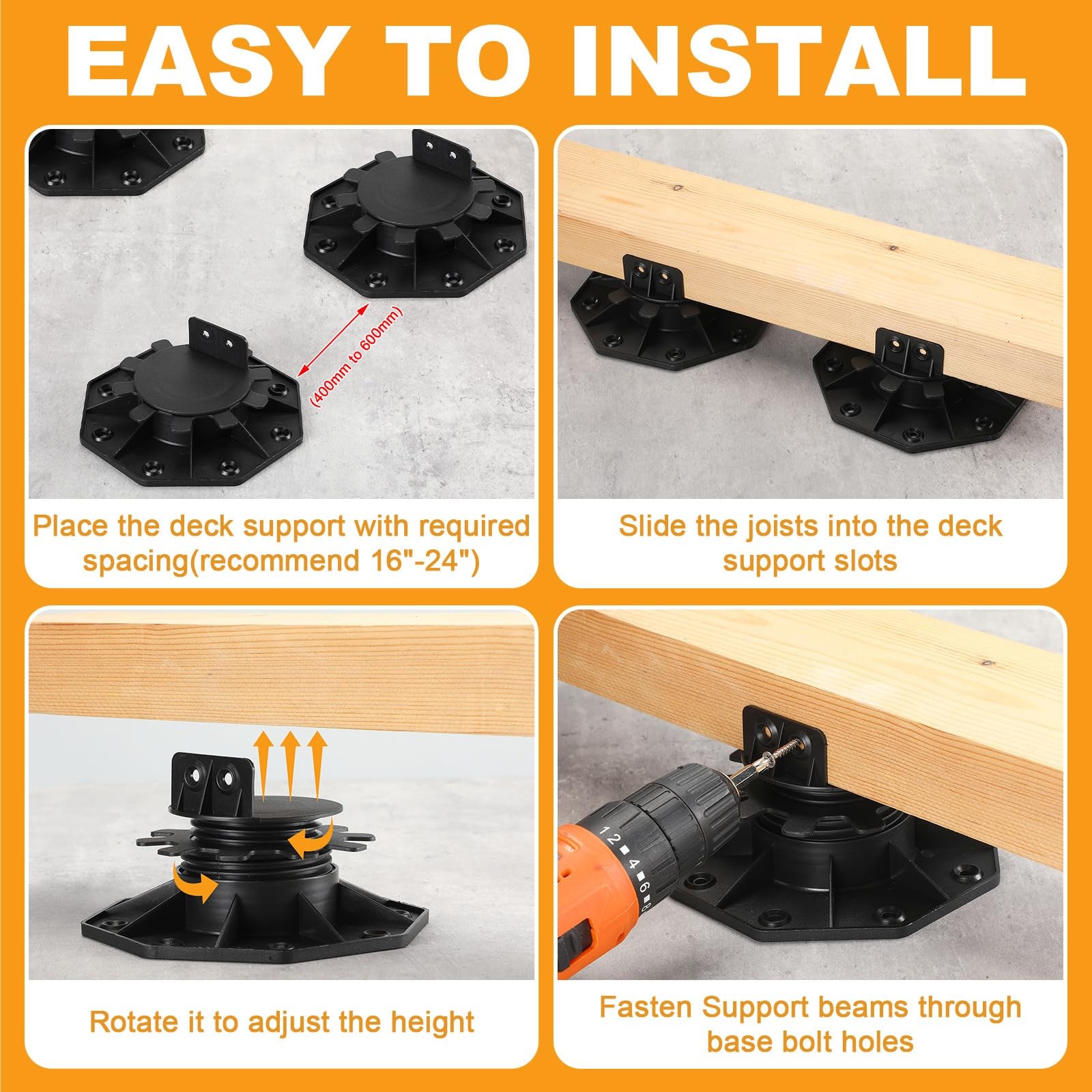 24 Pack Adjustable Deck Support Pedestals, 1-3/16″ to 2-3/8″ Height Range, Ou…