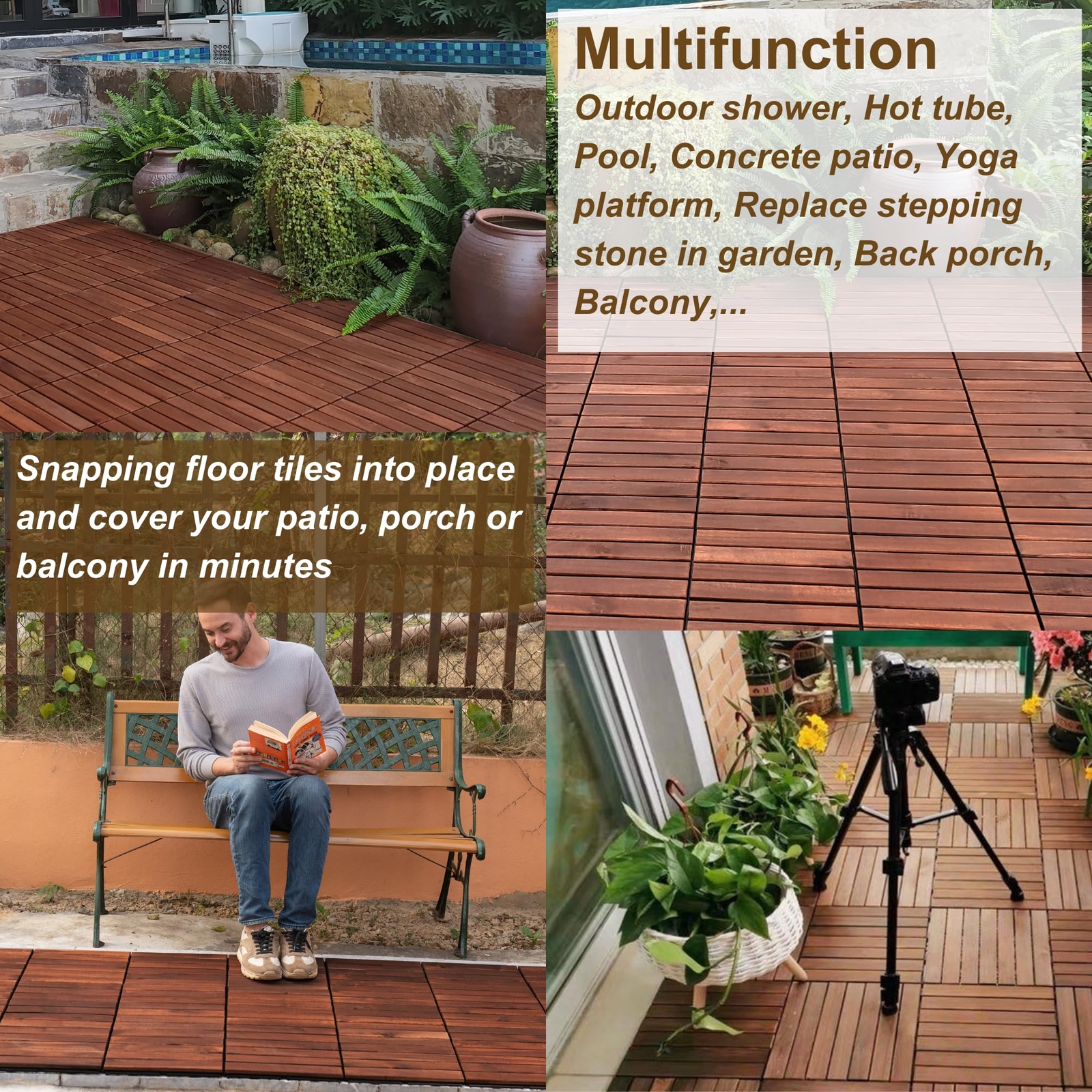 10 PCS Interlocking Deck Tiles, 12″x12″ Square Acacia Hardwood Flooring