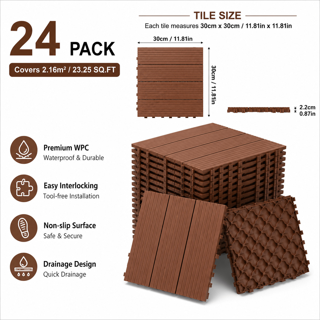 24-Pack Outdoor WPC Composite Deck Tiles, 11.81 Inches