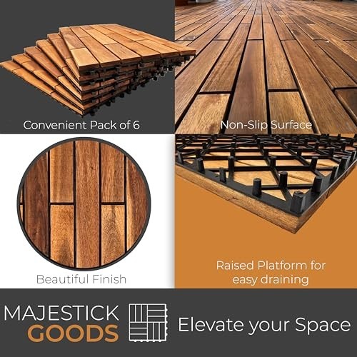 Interlocking Deck Tiles 6 Pack Acacia Wood 24×12 Inch Raised Base Drainage