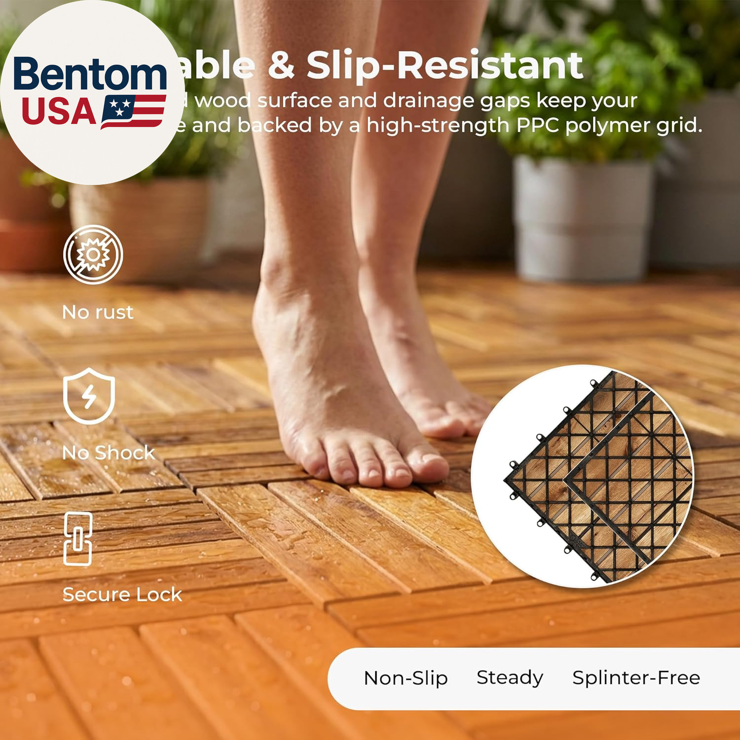 Interlocking Long Slat Deck Tiles 12″X12″– Stylish Patio Tiles for Outdoor Floor