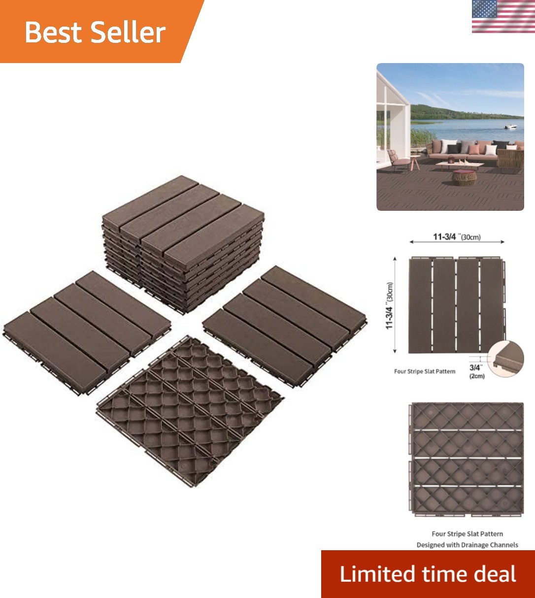 Lightweight Dark Brown Composite Deck Tiles – Waterproof, Easy-To-Clean Flooring
