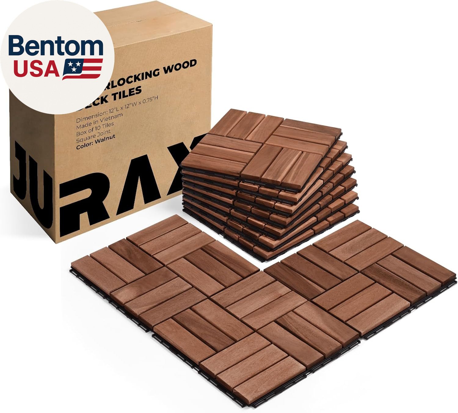 Premium Patio Deck Tiles, 10 Pcs 12”X12” Snap Together Wood Flooring for Outdoor