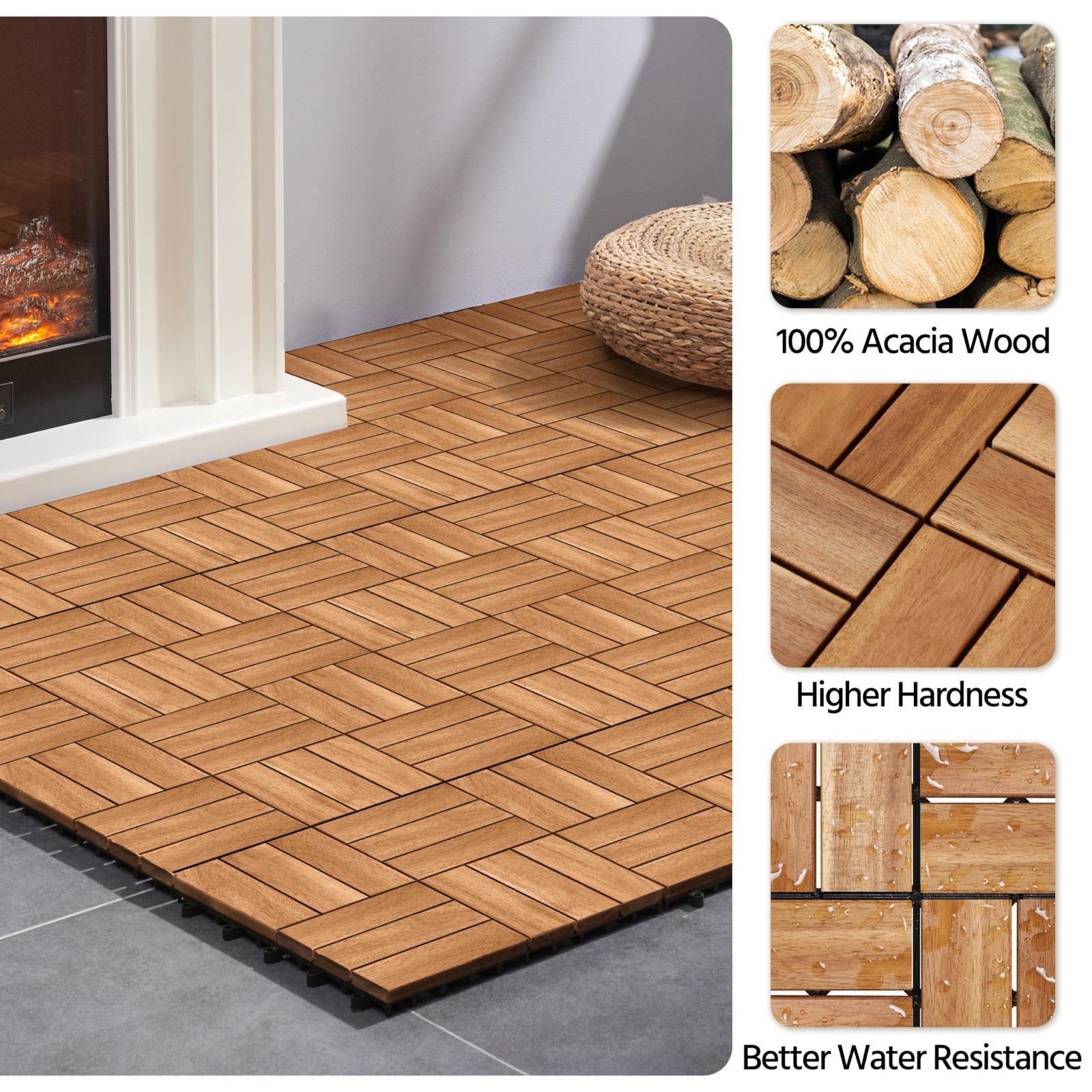 108pcs Interlocking Hardwood Patio Deck Tiles – Waterproof Acacia Wood Flooring,
