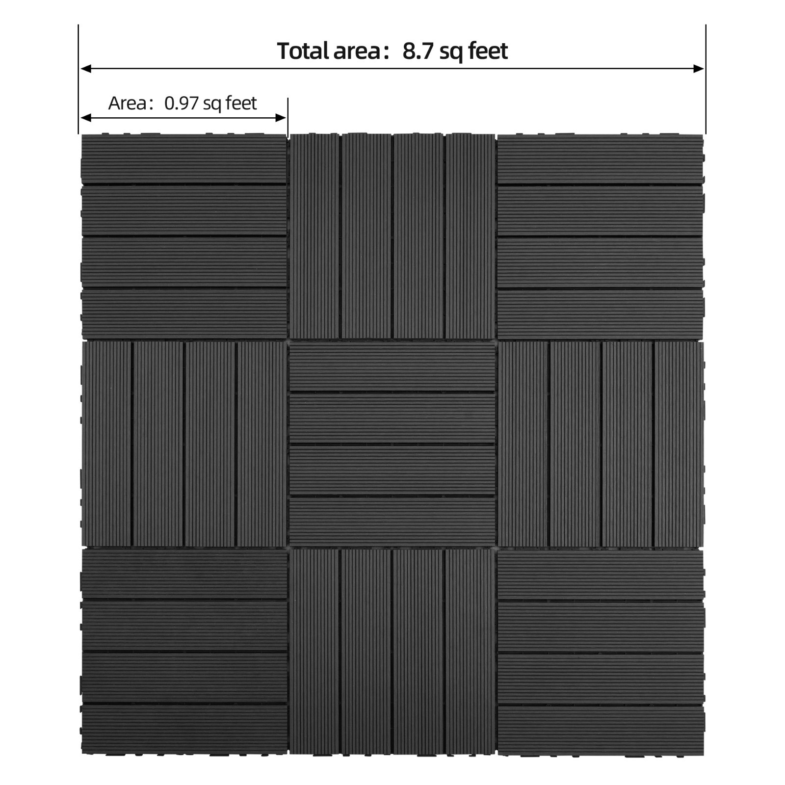 (Pack of 9) 8.7 sq. ft Black Interlocking DIY Wood-Plastic Composite Deck Tiles