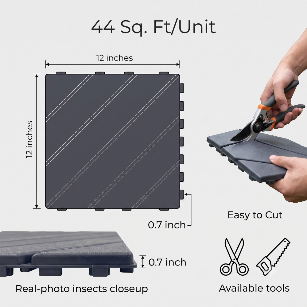 44x Plastic Interlocking Deck Tiles 12″x12″ Waterproof Non-Slip Patio Flooring