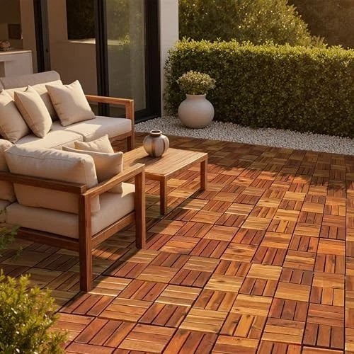Interlocking Deck Tiles 10 Pack 12×12 Acacia Wood Indoor Outdoor Flooring for
