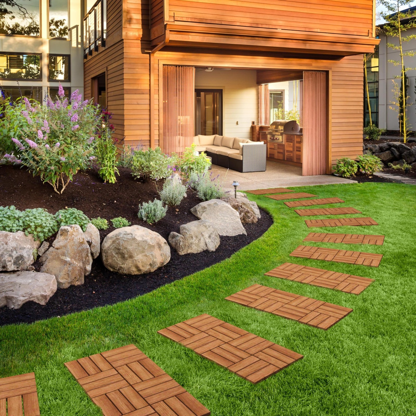 54pcs Interlocking Hardwood Patio Deck Tiles – Waterproof Acacia Wood Flooring 1