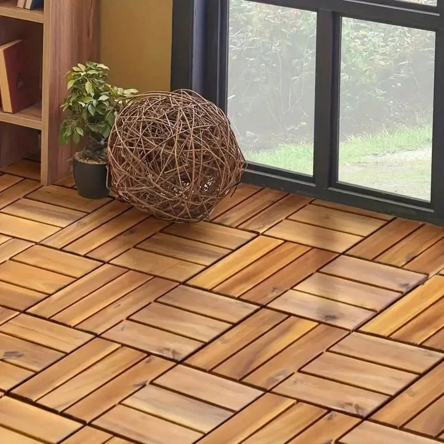 10 Pcs Solid Acacia Wood Interlocking Deck Tiles 12×12 Patio Floor All Weather