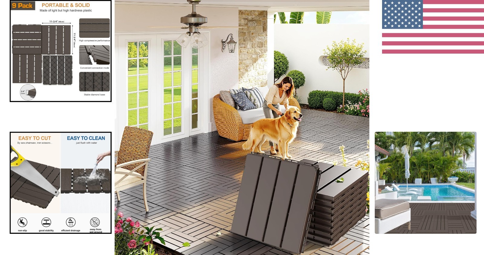 Durable Waterproof Interlocking Deck Tiles, 9 Pack, Perfect for All-Weather Use