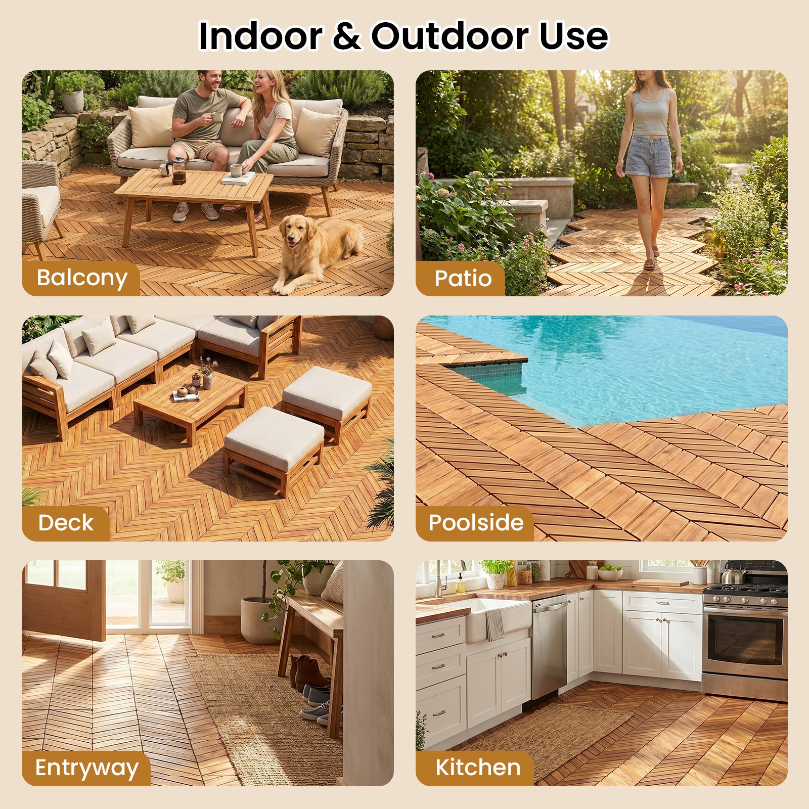 Acacia Wood Interlocking Deck Tiles, 30 PCS Waterproof Flooring Tiles,Natural