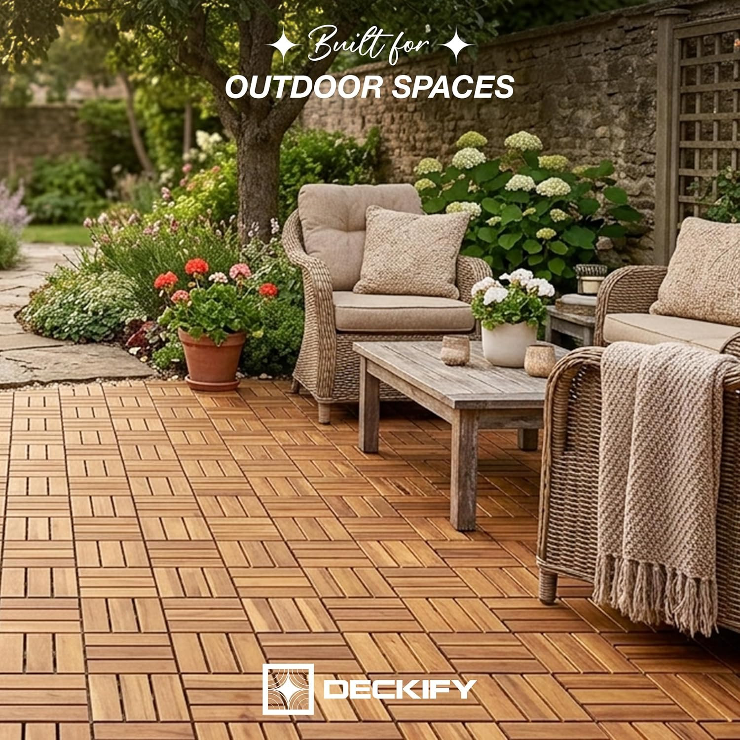 9Pcs Premium Acacia Wood Interlocking Patio Deck Tiles, 12 X 12 X 0.9 Inch Outdo