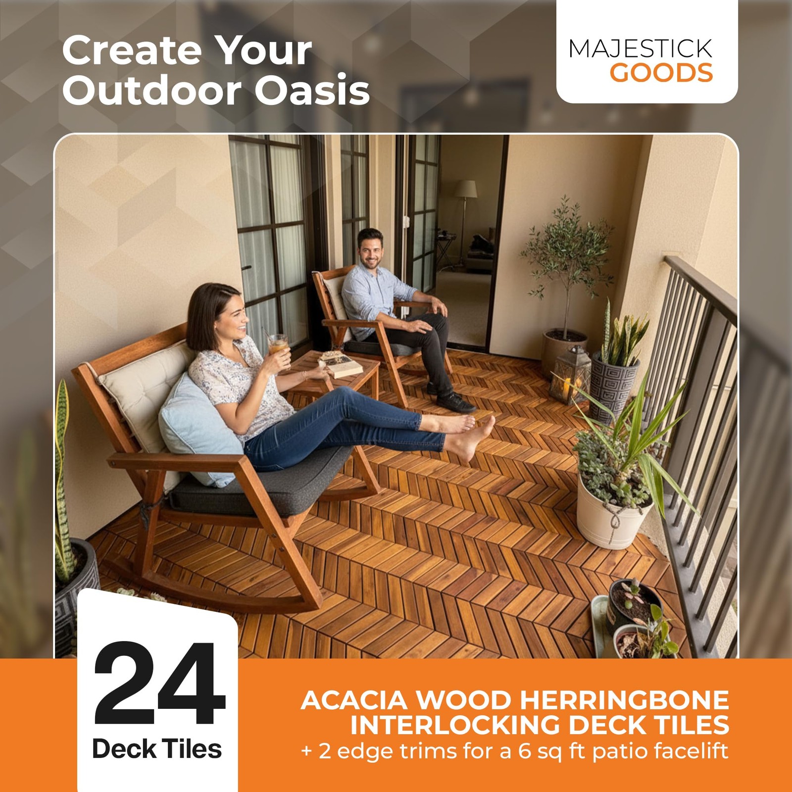 Majestick Goods 24-Pack Herringbone Acacia Wood Interlocking Deck Tiles